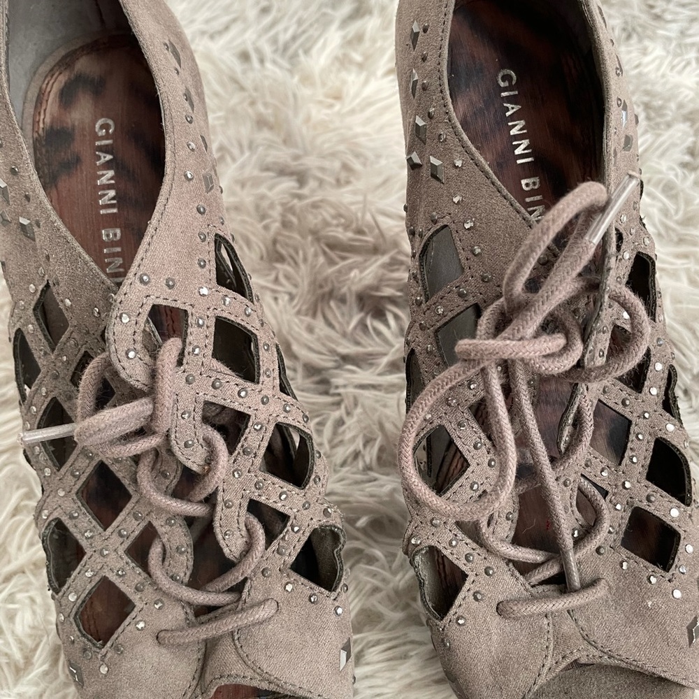 Gianni Bini suede wedge heels with cutout, lace up and gems